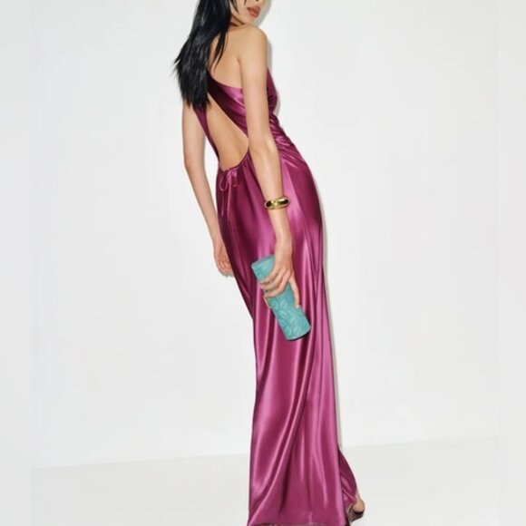 NEW Reformation Anaiis Long Silk Dress Hibiscus Tea Dark Pink Magenta | US 0 UK4 - Picture 11 of 15